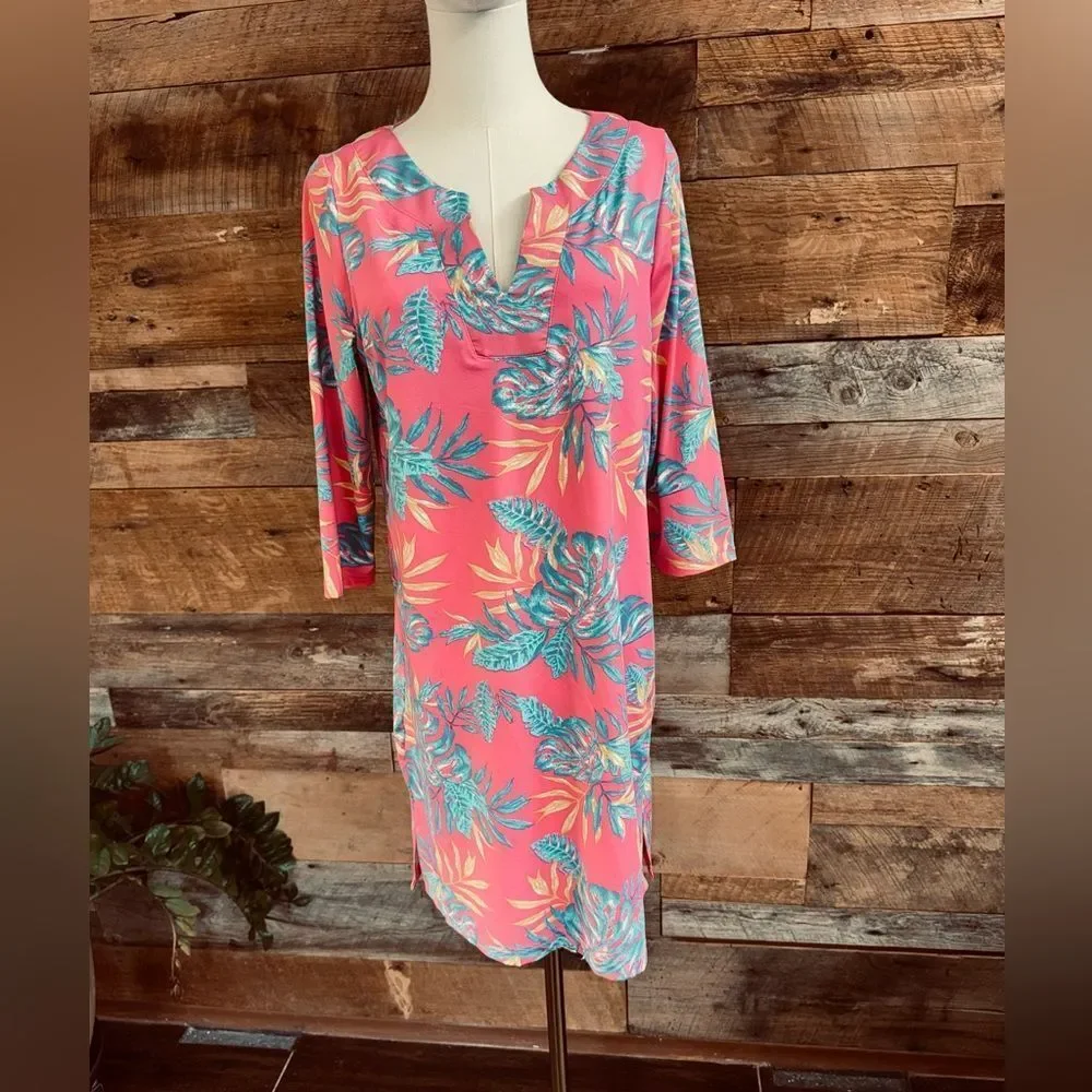 Caribbean Joe Tropical Floral Notch Neck Shift Dress Pink Blue Size Medium